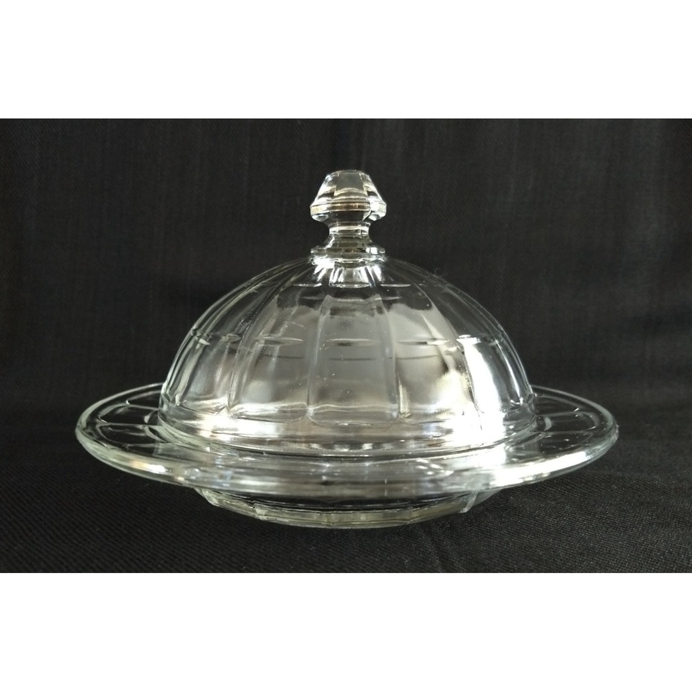Hazel Atlas Clear Glass Butter Dish Colonial Block Round Dome Lid Vintage